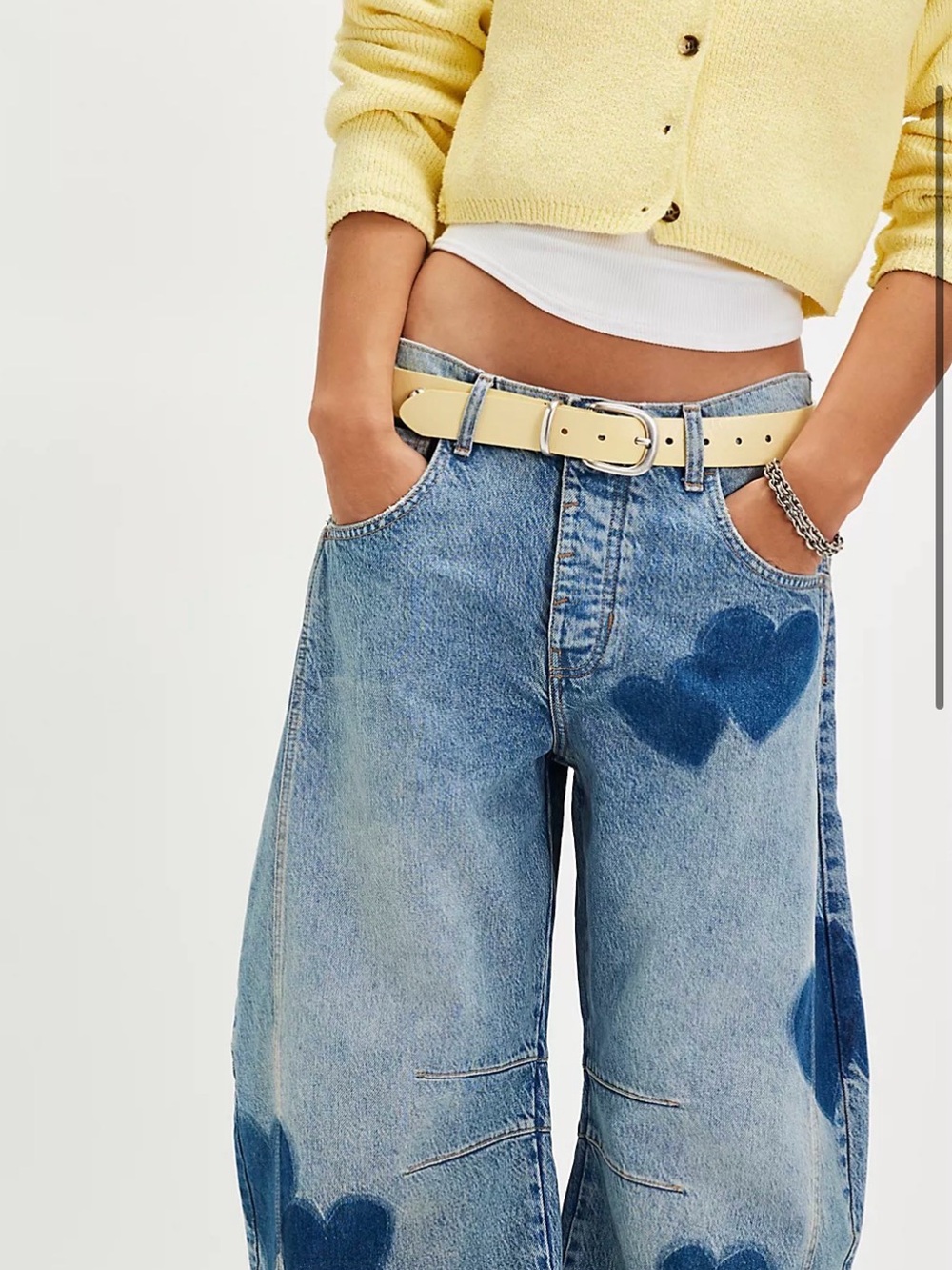 We The Free Light Blue Wide-Leg Jeans with Dark Blue Heart Patches - Picture 2 of 13